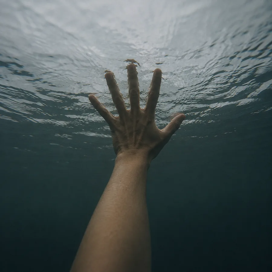 A hand reaching up through dark water toward the light breaking on the surface above it.