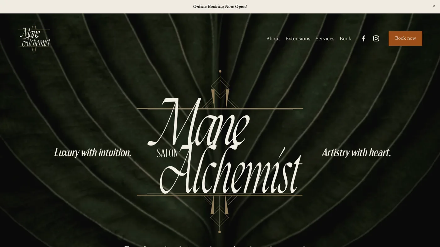 Mane Alchemist Salon website home page, dark green with a gold art deco wordmark