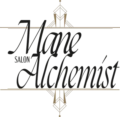 The Mane Alchemist Salon wordmark, a fine art deco script in cream with a gold linear motif behind it.