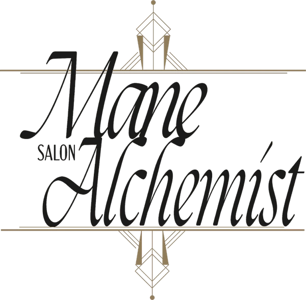 The Mane Alchemist wordmark, a fine art deco script in cream with a gold linear motif behind it.