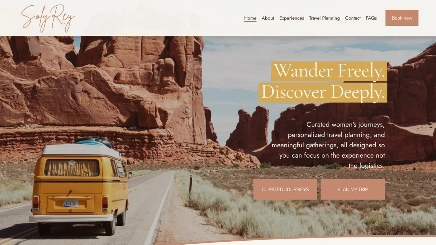 SolyRey website home page, a yellow van on a desert road