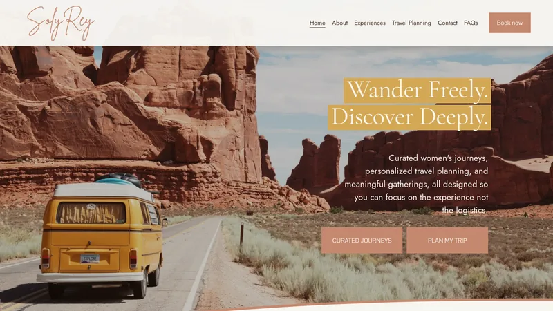 SolyRey website home page, a yellow van on a desert road