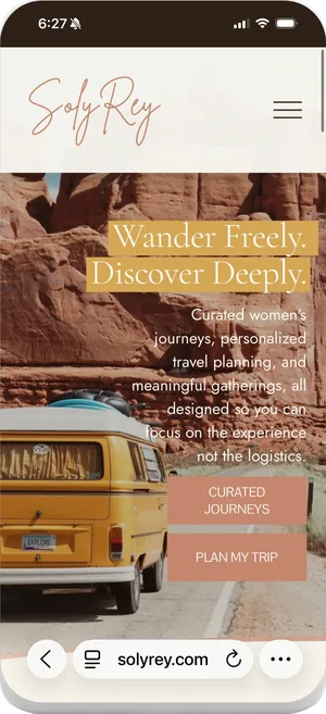 The SolyRey home page on a phone, headed Wander Freely, Discover Deeply, over a yellow camper van against red rock.