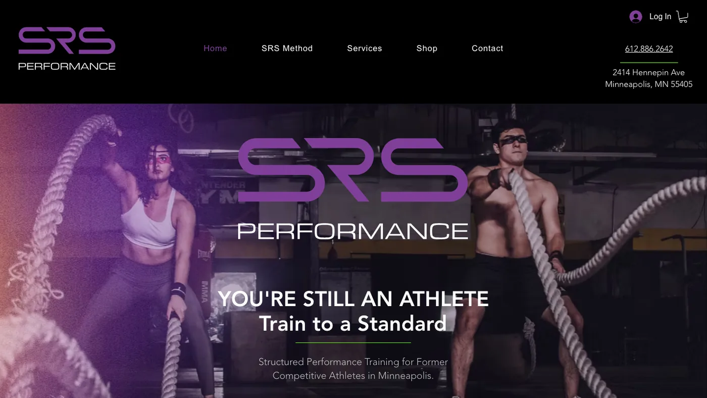 SRS Performance website home page, purple wordmark over athletes training