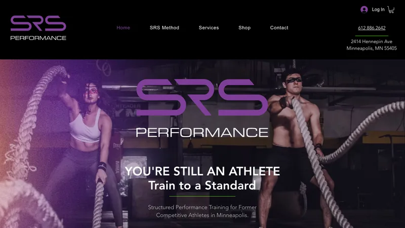 SRS Performance website home page, purple wordmark over athletes training