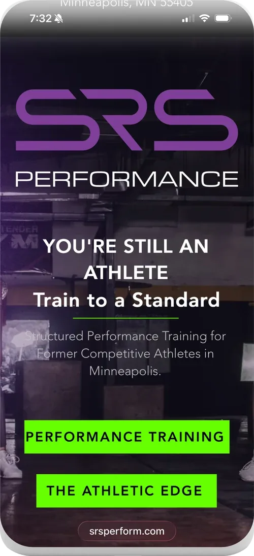 The SRS Performance home page on a phone, headed You&rsquo;re Still An Athlete, Train to a Standard, over a dark gym interior.